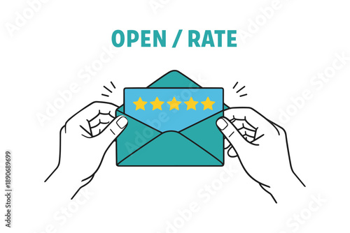 Open rate email marketing concept with five-star rating in envelope