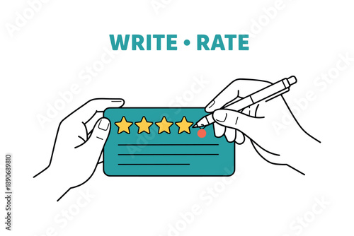 Hands completing star rating on card with pen for review or feedback