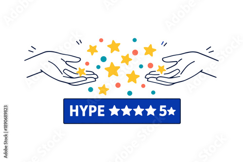 Hands surrounding five-star rating with colorful stars and hype word