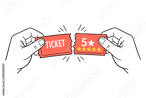 Hands tearing ticket with 5-star rating for performance evaluation concept