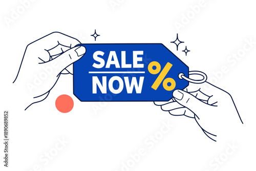 Hands holding blue sale tag with percentage symbol and sparkles