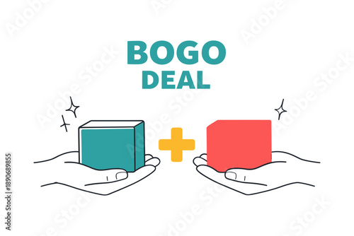 Bogo deal illustration: two hands holding gift boxes with plus sign