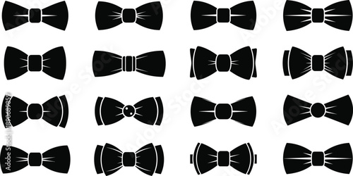 Set of sixteen stylish black bow tie icons in various elegant designs, perfect for fashion branding, graphic design, and formalwear accessory illustrations.