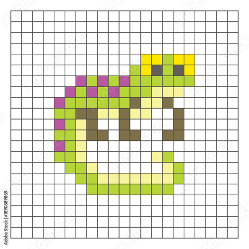 A flat pixel design made of geometric square color blocks on a clean grid layout. Pixel art gecko