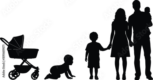 Family silhouettes set showing baby stroller crawling child parents holding hands father carrying infant parenting life stages illustration