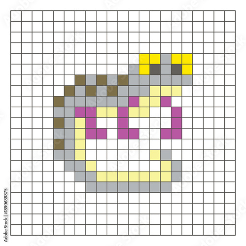 A flat pixel design made of geometric square color blocks on a clean grid layout. Pixel art gecko