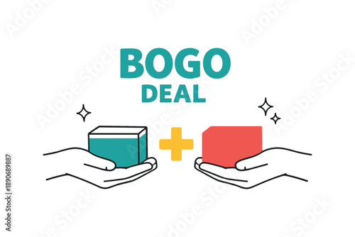 Illustration of bogo deal with package and shopping bag in hands