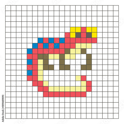 A flat pixel design made of geometric square color blocks on a clean grid layout. Pixel art gecko