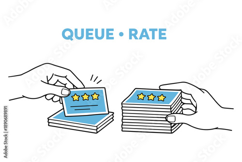 Illustrated hands rating cards with stars for feedback or review concept