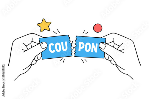 Hands tearing blue coupon in half with star and circle background
