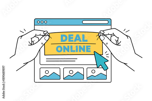 Hands displaying online deal banner on website interface