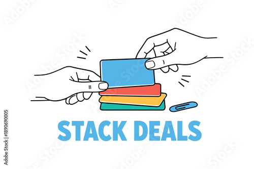Illustration of hands stacking colorful cards with stack deals text
