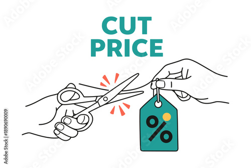 Scissors cutting price tag with discount symbol