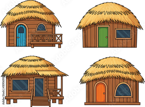 Set of Traditional Wooden Huts with Thatched Roofs for Tropical Architecture, Cultural Design, Rustic Living, and Eco-Friendly Building Concepts