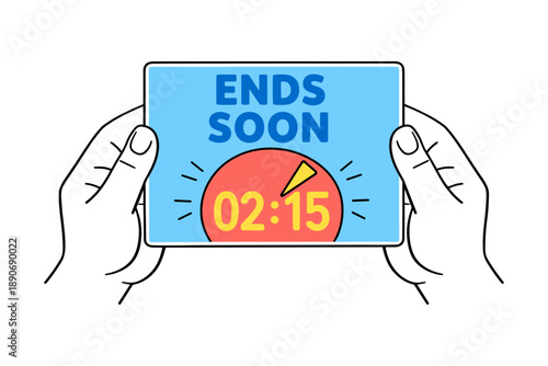 Hands holding countdown tablet displaying ends soon message with red timer