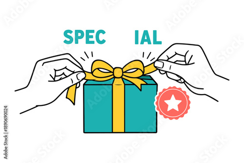 Hands unwrapping special gift box with gold ribbon and star badge