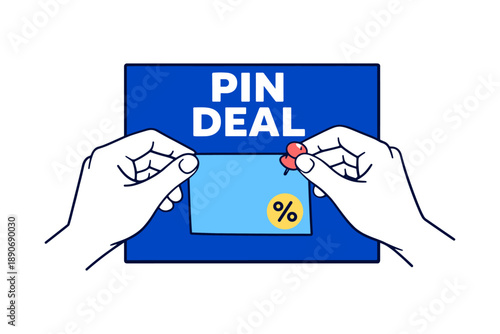 Hands pinning discount card on notice board with percentage symbol