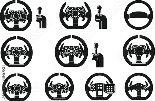 Set of twelve black silhouette icons of steering wheels and gear shifters—perfect for driving simulator design, gaming interface, and automotive control illustrations.