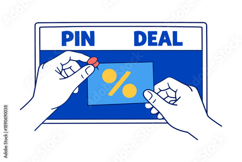 Hands pinning discount card on bulletin board for deals promotion