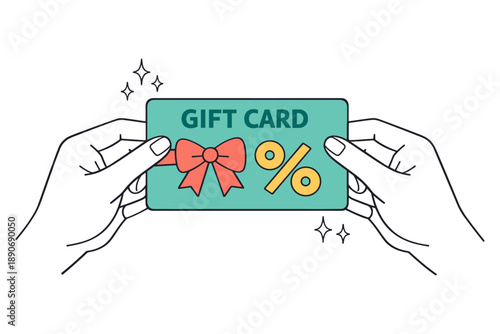Hands holding green gift card with red bow and yellow percentage symbols