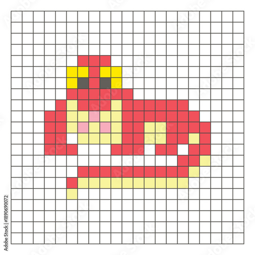 A flat pixel design made of geometric square color blocks on a clean grid layout. Pixel art komodo dragon