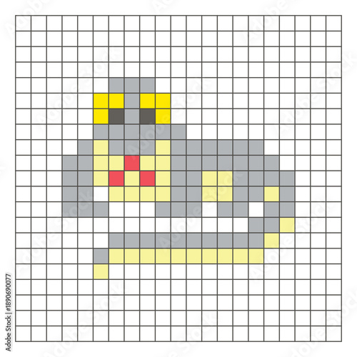 A flat pixel design made of geometric square color blocks on a clean grid layout. Pixel art komodo dragon