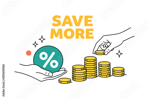 Save more: hands stacking coins and holding percentage symbol for financial growth