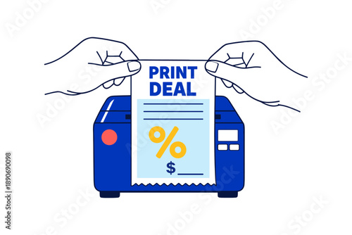 Hands holding printed invoice with percentage symbol above blue printer