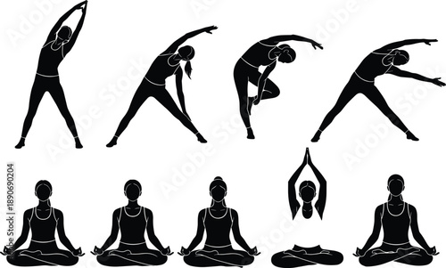 Women fitness yoga silhouettes set showing stretching exercises meditation poses healthy lifestyle workout training isolated vector illustration collection