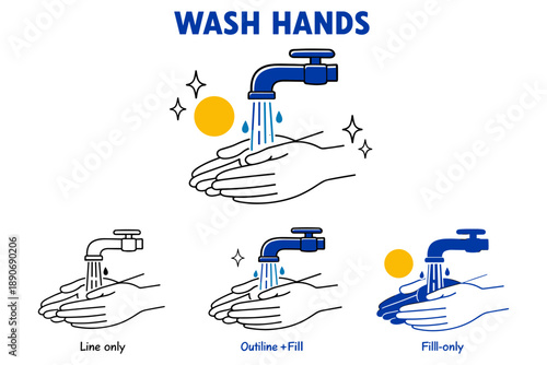 Hand washing instructions with faucet illustrations and variations