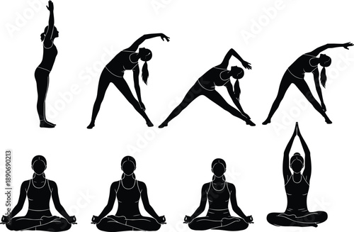 Yoga woman silhouette set demonstrating stretching poses meditation fitness workout flexibility balance wellness healthy lifestyle vector illustration collection