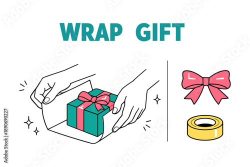 Gift wrapping guide with bow and tape illustration