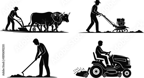 Silhouette illustration of traditional and modern farming methods including ox plow, motor tiller, manual hoeing, and tractor—ideal for agriculture, education, and design use.