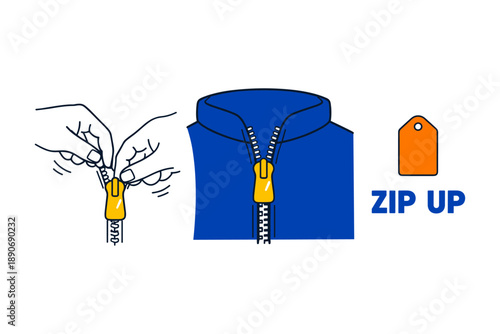 Blue jacket zipper instructions with orange tag and hands