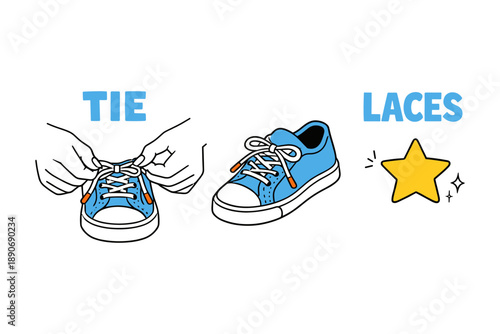 Step-by-step illustration of tying shoe laces with hands and finished blue sneakers