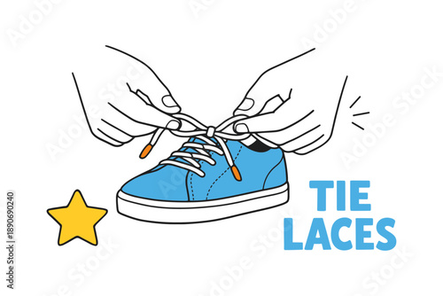 Illustration of hand tying shoelaces on blue sneaker for kids