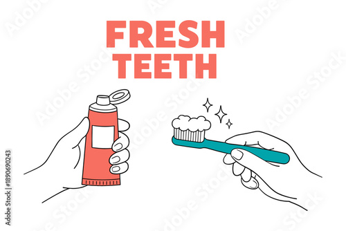 Hands holding toothpaste and sparkling toothbrush illustration for fresh teeth