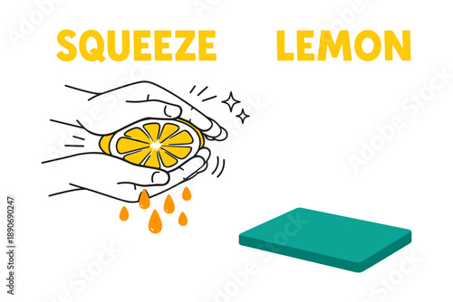 Illustration of hand squeezing lemon with juice droplets and green board