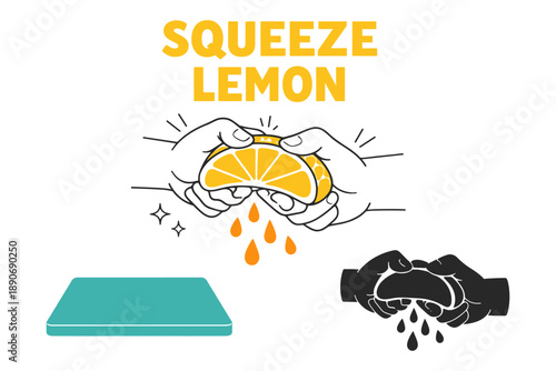 Hand squeezing lemon with splashing juice illustration