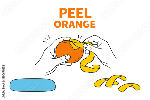 Hands peeling orange fruit with long yellow peel against white background