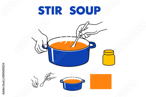Step-by-step guide to stir soup illustration with two hands and pot