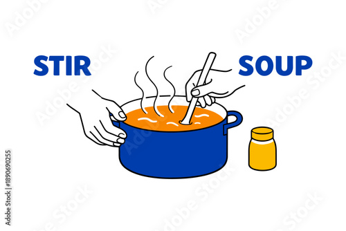 Hands stirring hot soup in blue pot with spice bottle illustration