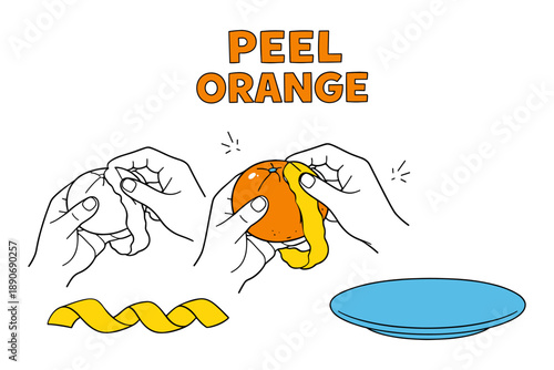 Step-by-step guide to peeling an orange with illustrative hands