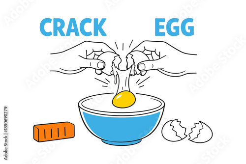 Illustrated hands cracking egg into bowl with butter