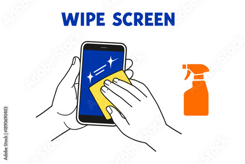Cleaning smartphone screen with cloth and spray bottle