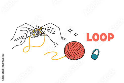 Hands knitting with yarn ball and stitch counter illustration