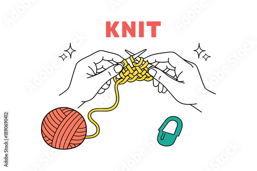 Hands knitting with yarn and needlework tools - creative crafting illustration