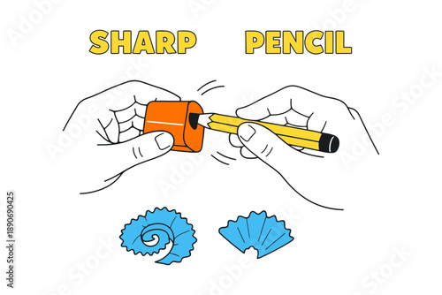 Hands sharpening yellow pencil with orange sharpener and blue shavings
