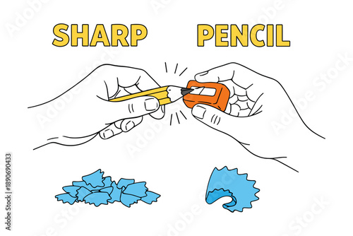 Hands sharpening yellow pencil with orange sharpener and blue shavings