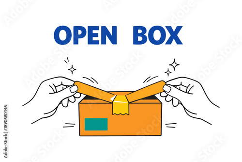 Hands opening box with tape on white background